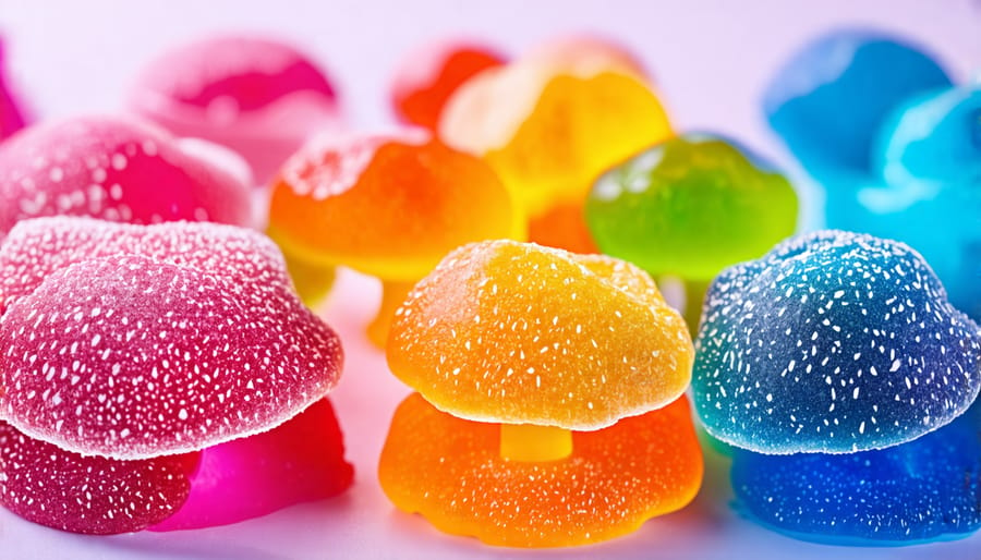 Assortment of colorful mushroom gummies displayed on a table