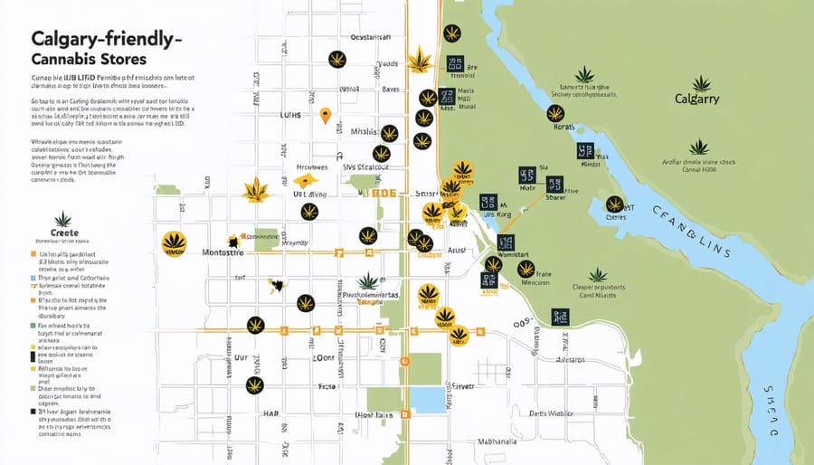 Map of Calgary with markers indicating LGBT-friendly cannabis stores