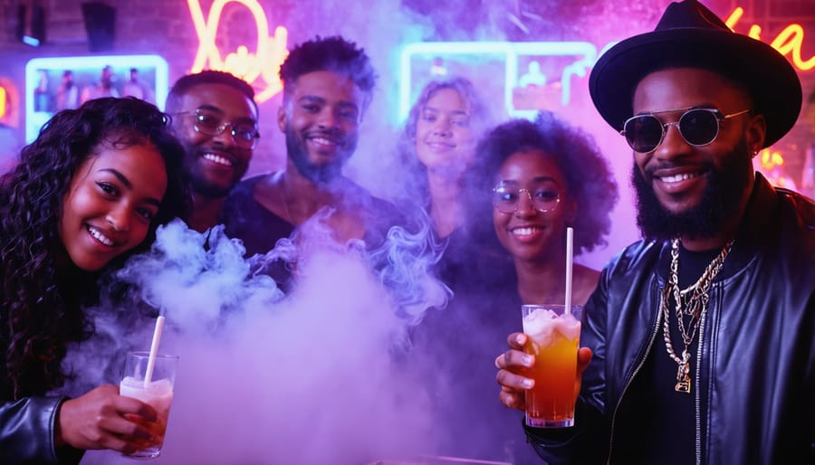 Diverse group of people socializing and vaping in a friendly and inclusive vape lounge