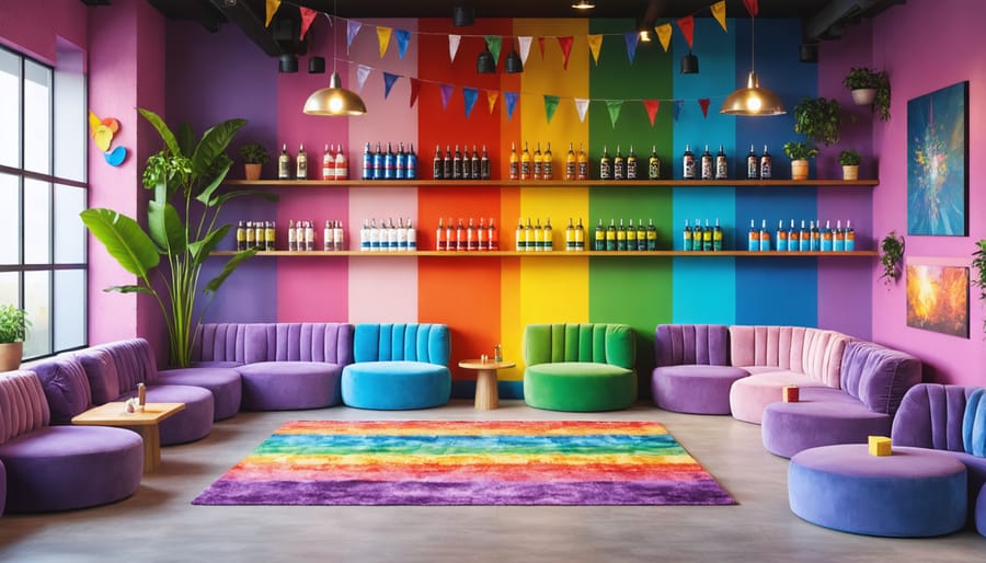 A welcoming LGBTQ-friendly vaping lounge with pride flags and cozy seating areas